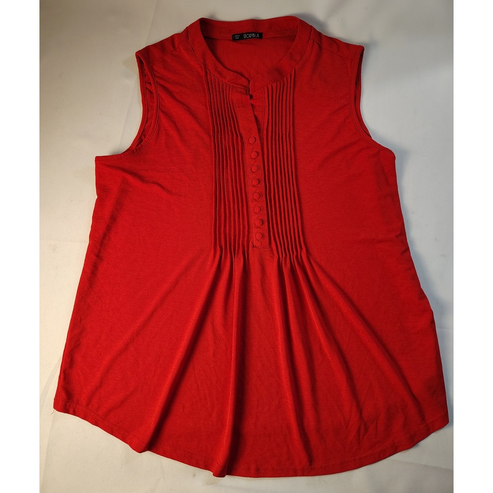 Storybuk Womens Red Pleated Bib‎ Mandarin Collar Sleeveless Blouse Top Large